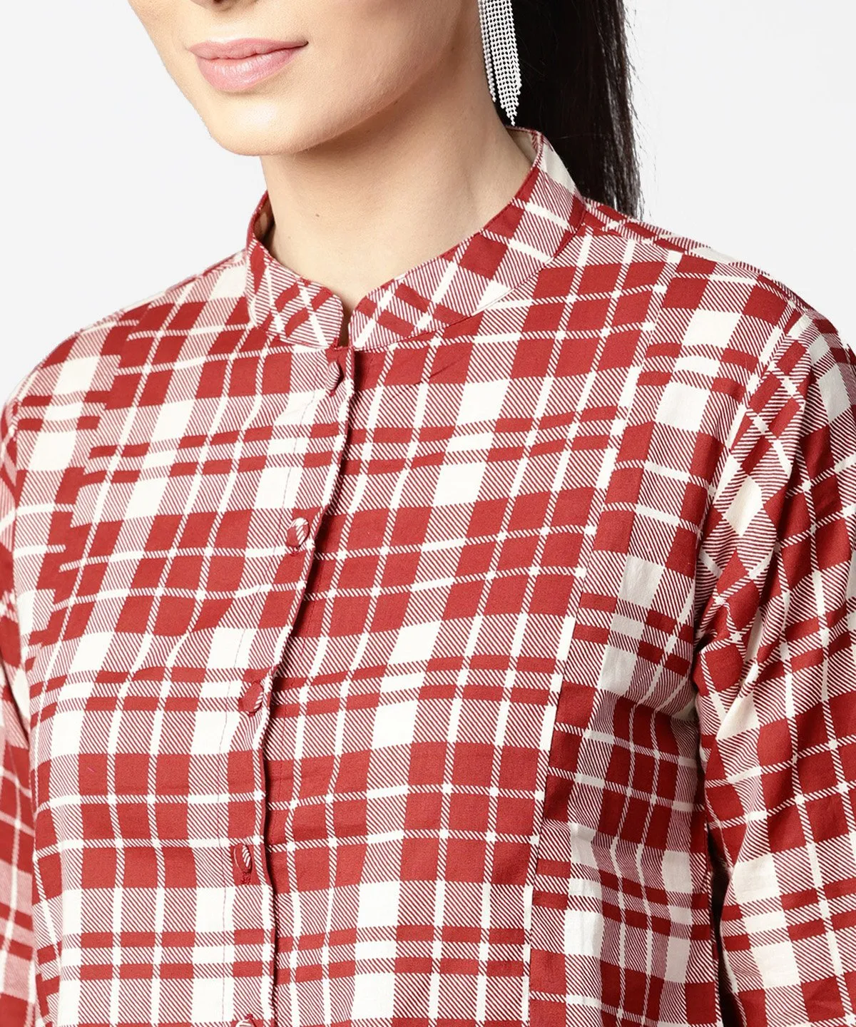 Red Checked 3/4Th Sleeve Cotton Crop Tops