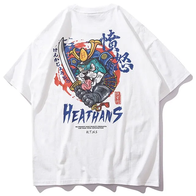 Samurai Armored Cat Printed Hip Hop Streetwear Loose Tees