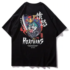 Samurai Armored Cat Printed Hip Hop Streetwear Loose Tees