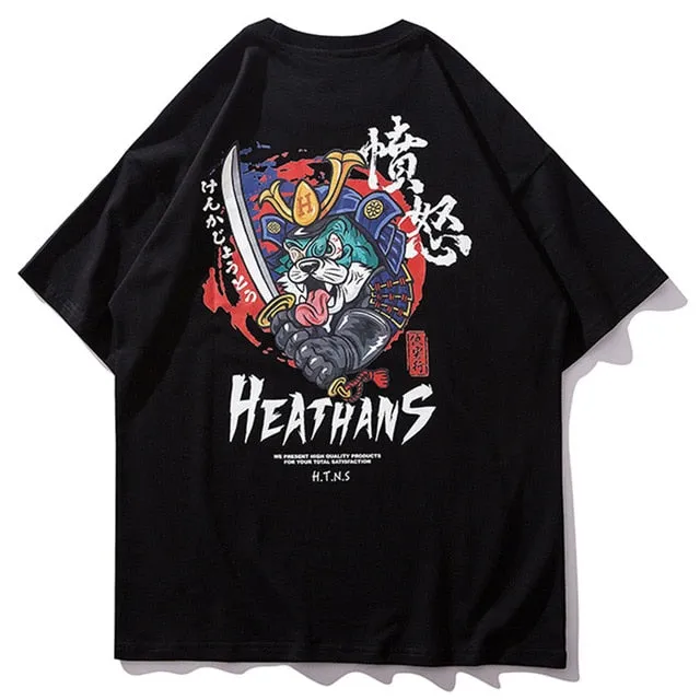 Samurai Armored Cat Printed Hip Hop Streetwear Loose Tees
