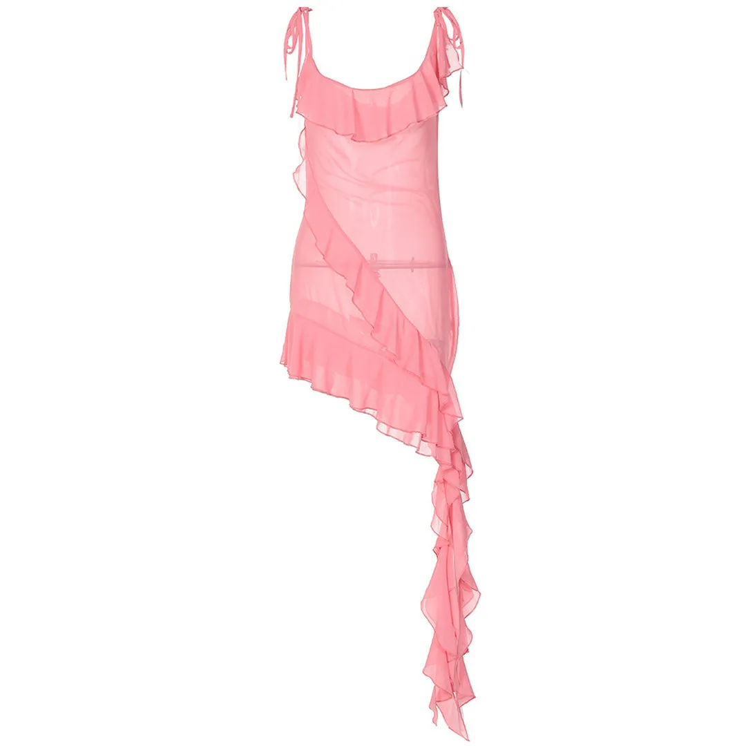 Sexy Tie Strap Scoop Neck Asymmetrical Ruffle Chiffon Sheer Dress - Pink
