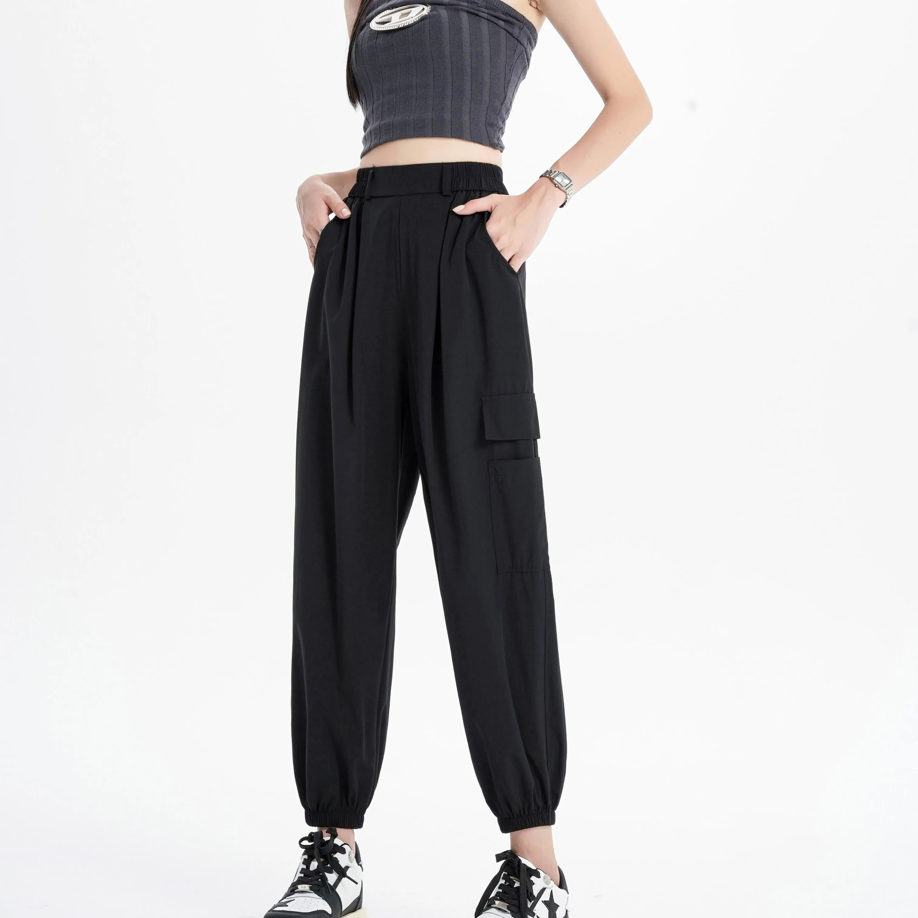 Silky High-Waisted Loose Fit Tapered Sports Thin Casual Quick-Drying Pants