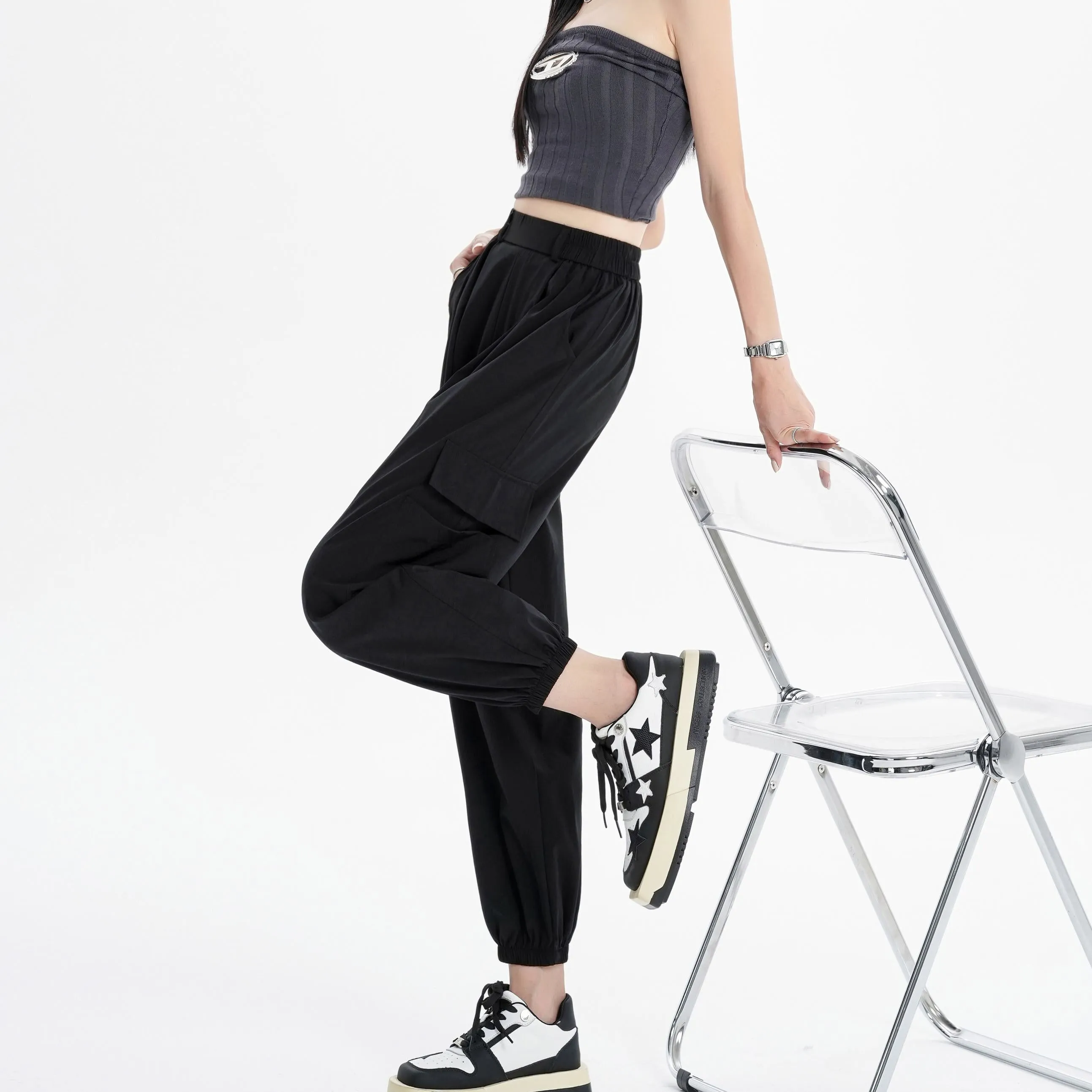 Silky High-Waisted Loose Fit Tapered Sports Thin Casual Quick-Drying Pants