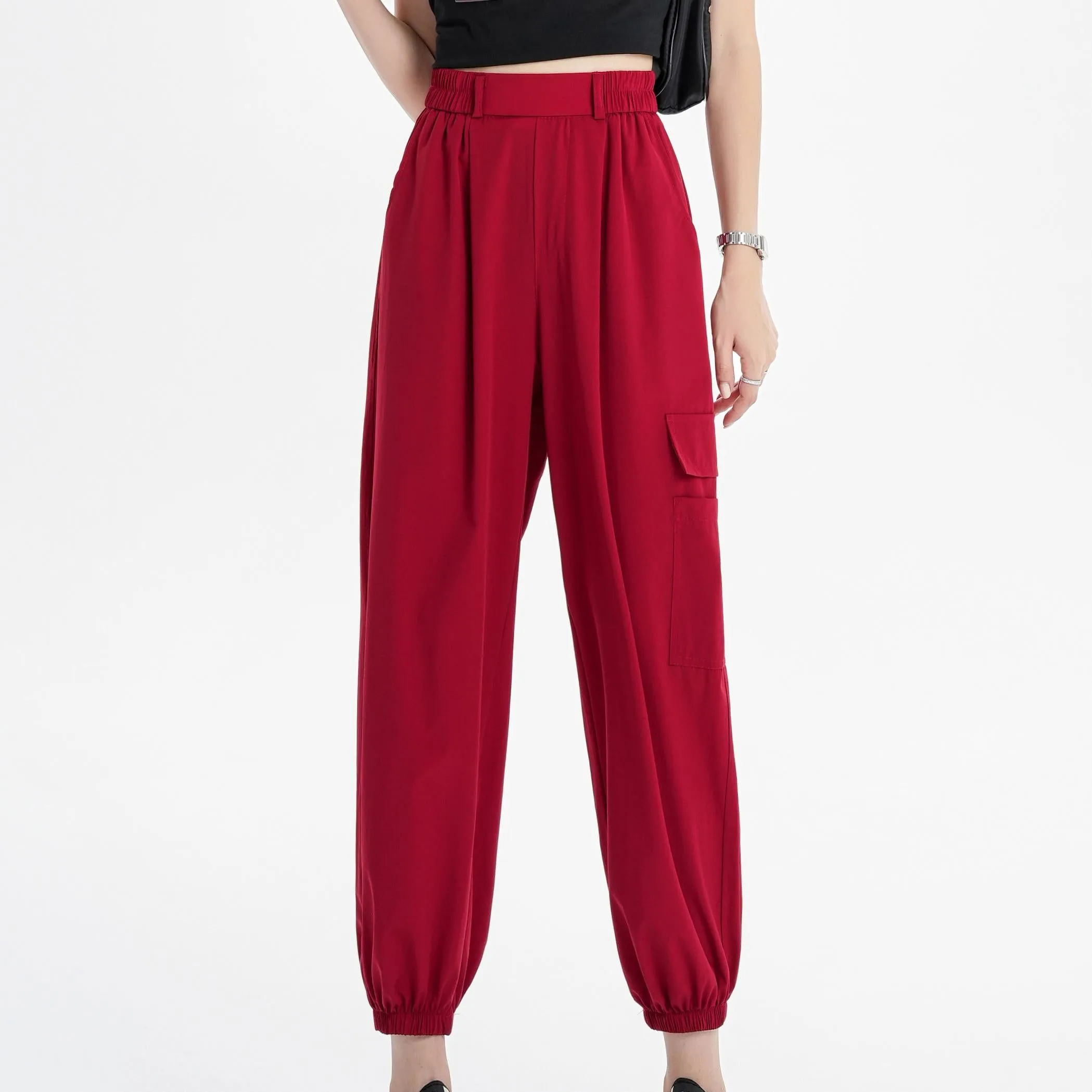 Silky High-Waisted Loose Fit Tapered Sports Thin Casual Quick-Drying Pants