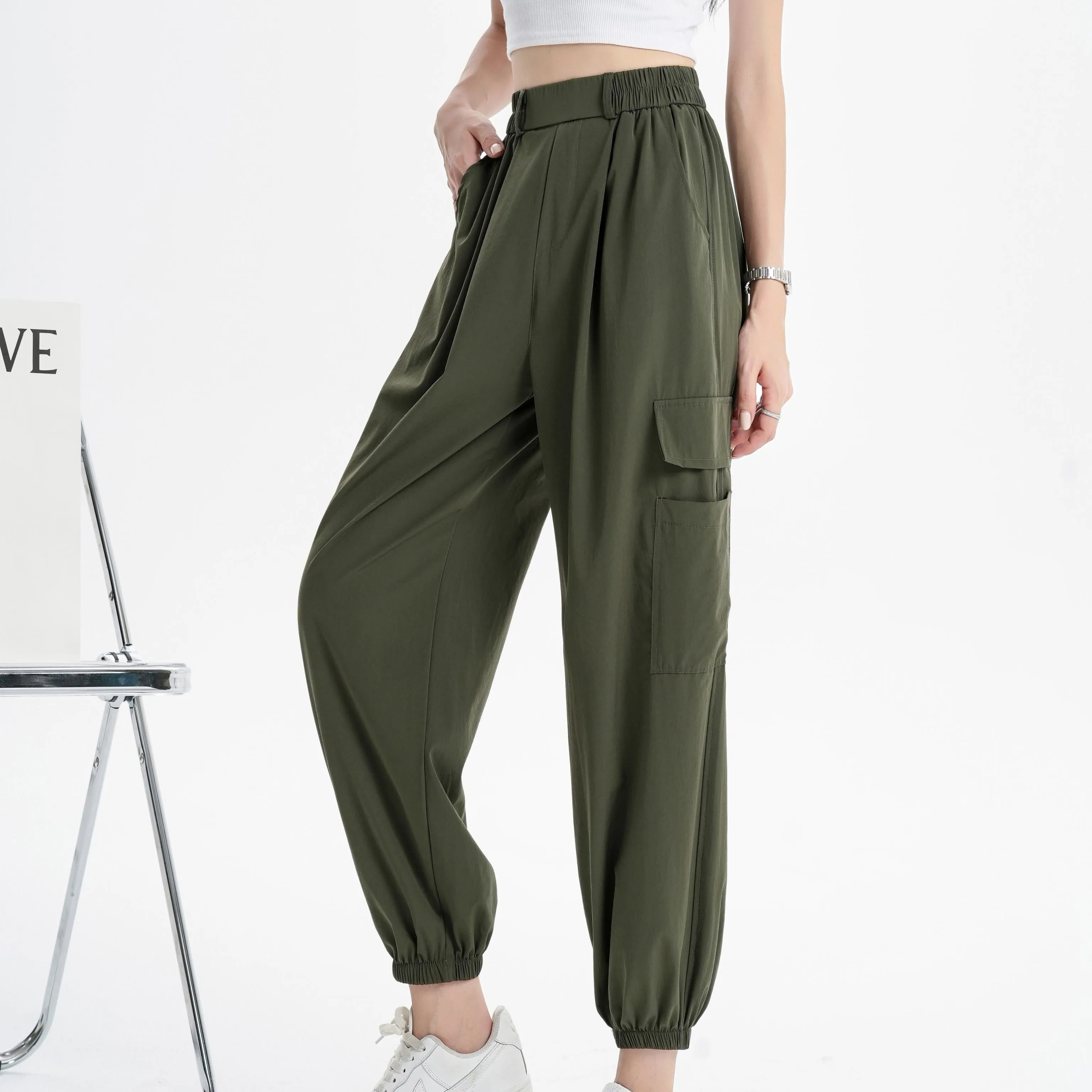 Silky High-Waisted Loose Fit Tapered Sports Thin Casual Quick-Drying Pants
