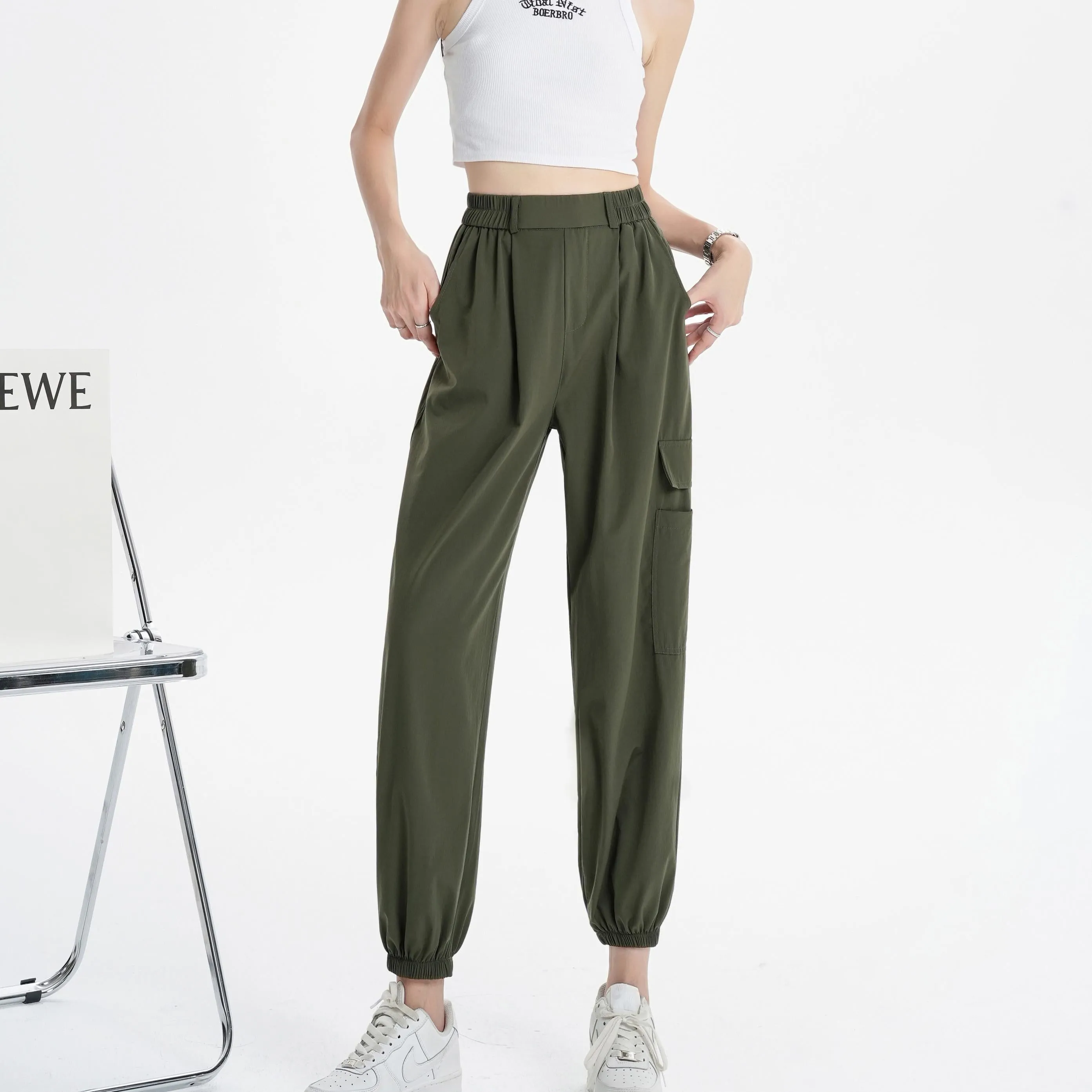 Silky High-Waisted Loose Fit Tapered Sports Thin Casual Quick-Drying Pants