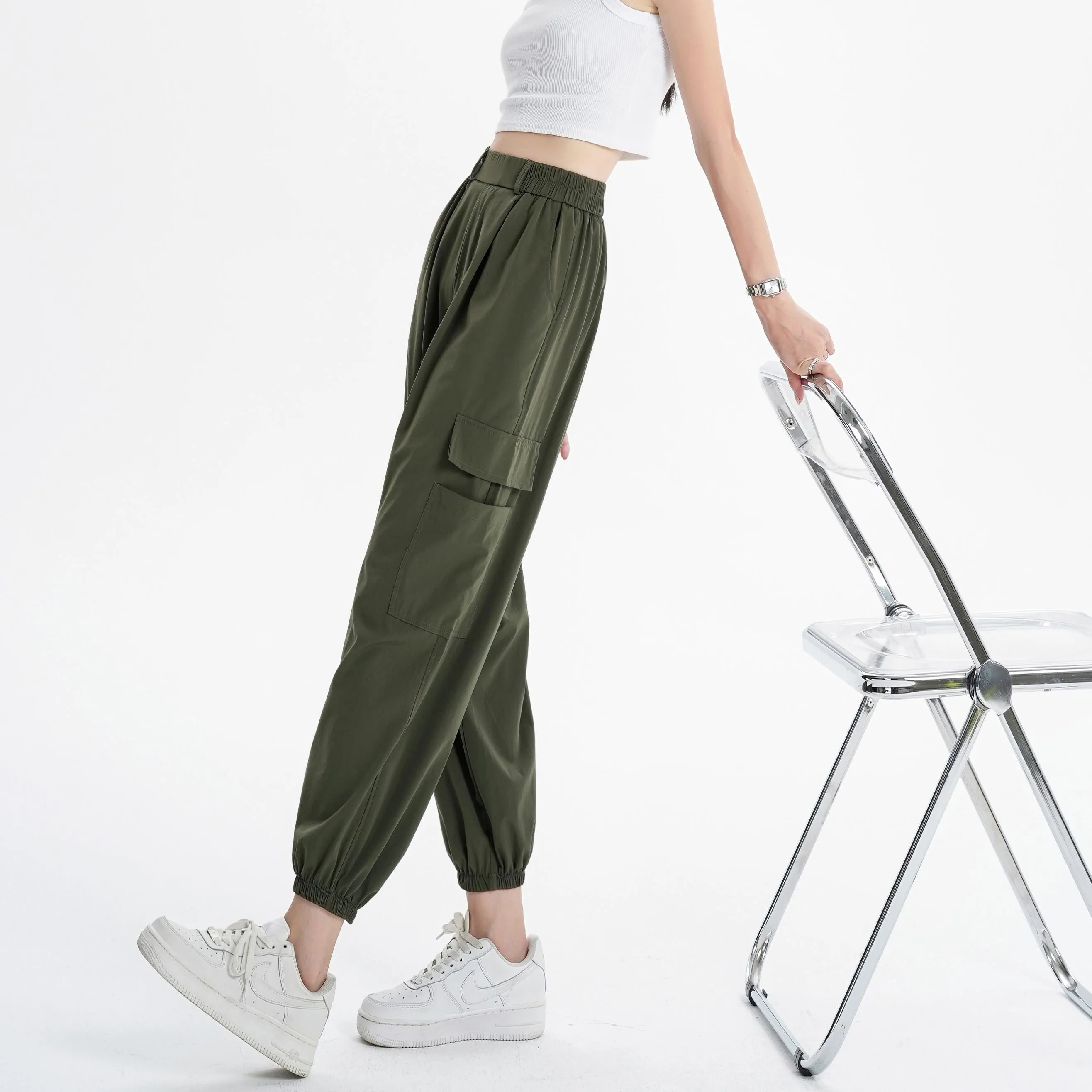 Silky High-Waisted Loose Fit Tapered Sports Thin Casual Quick-Drying Pants