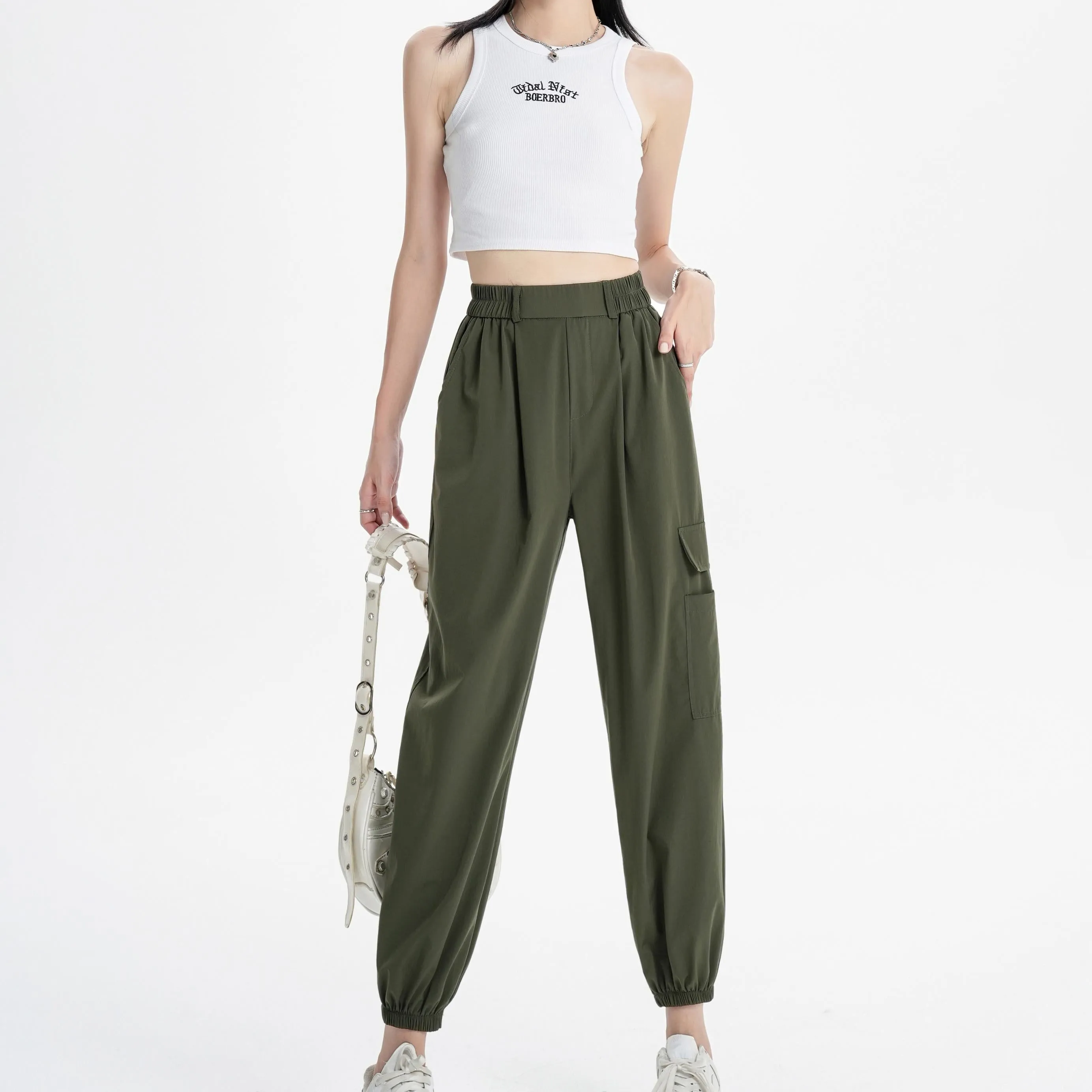 Silky High-Waisted Loose Fit Tapered Sports Thin Casual Quick-Drying Pants