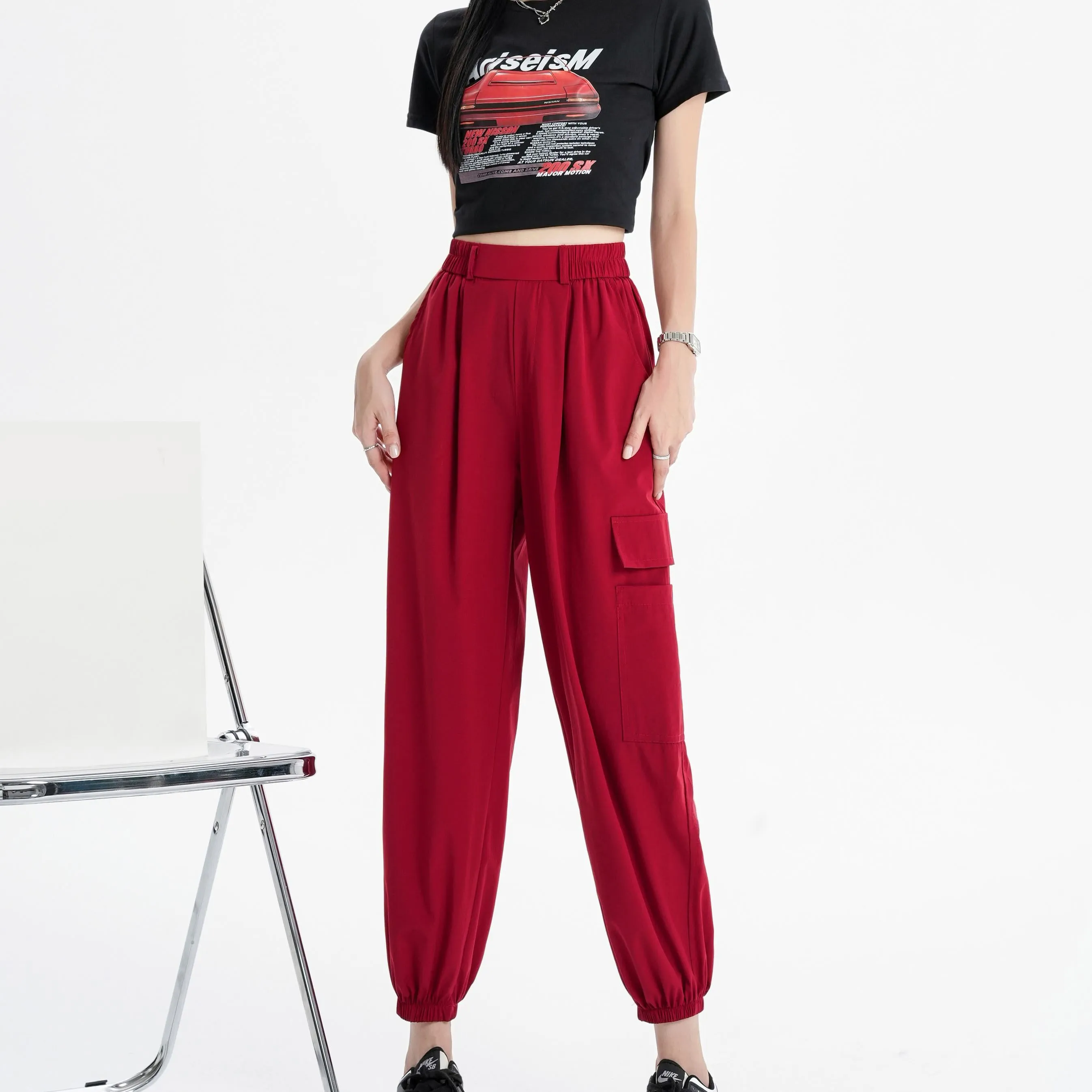 Silky High-Waisted Loose Fit Tapered Sports Thin Casual Quick-Drying Pants