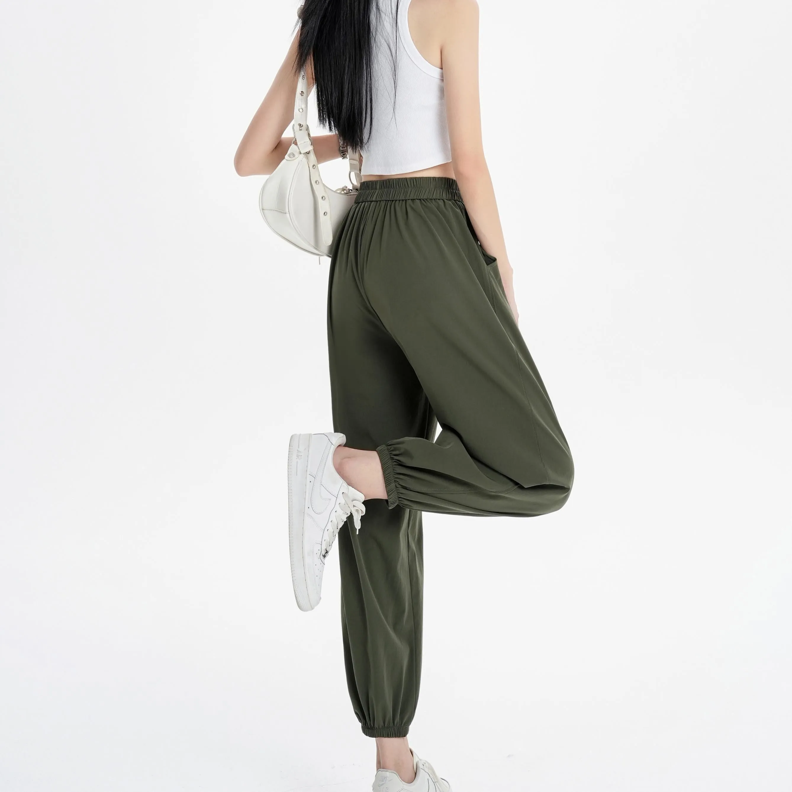 Silky High-Waisted Loose Fit Tapered Sports Thin Casual Quick-Drying Pants