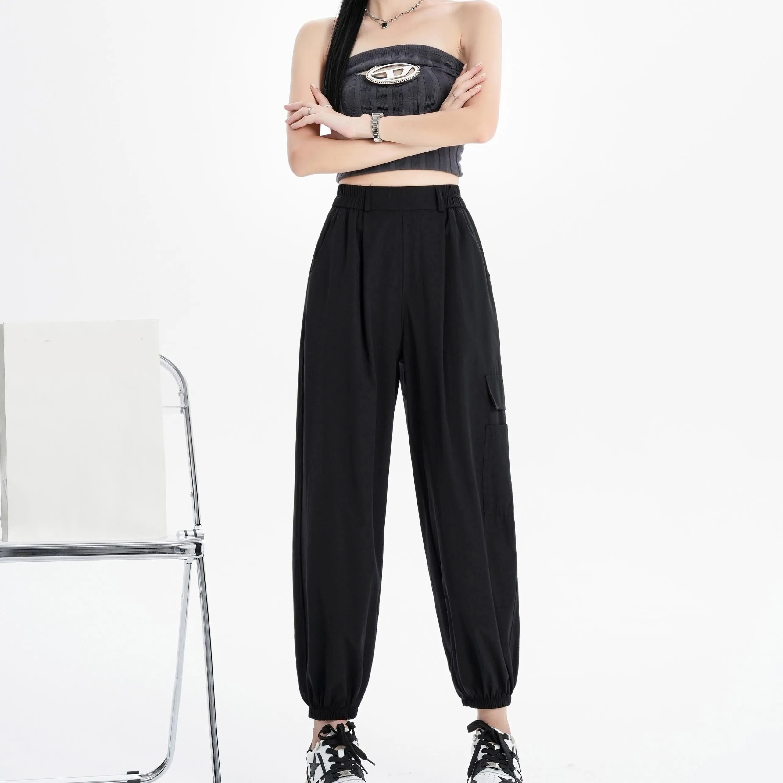 Silky High-Waisted Loose Fit Tapered Sports Thin Casual Quick-Drying Pants