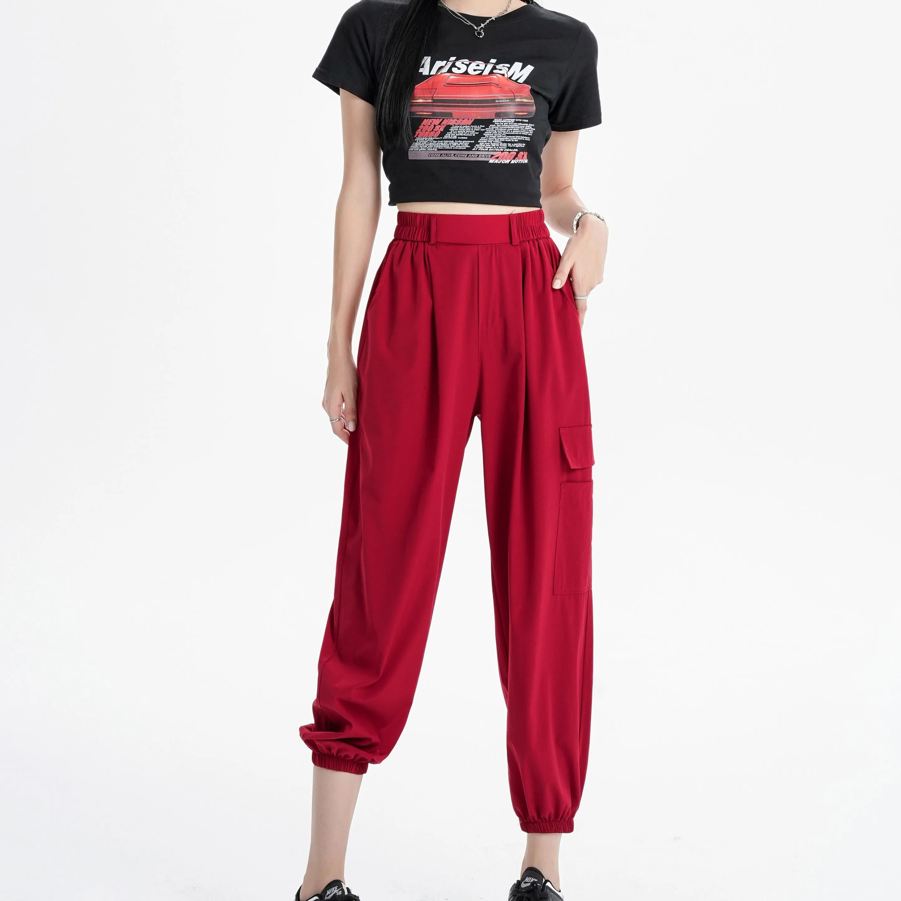 Silky High-Waisted Loose Fit Tapered Sports Thin Casual Quick-Drying Pants