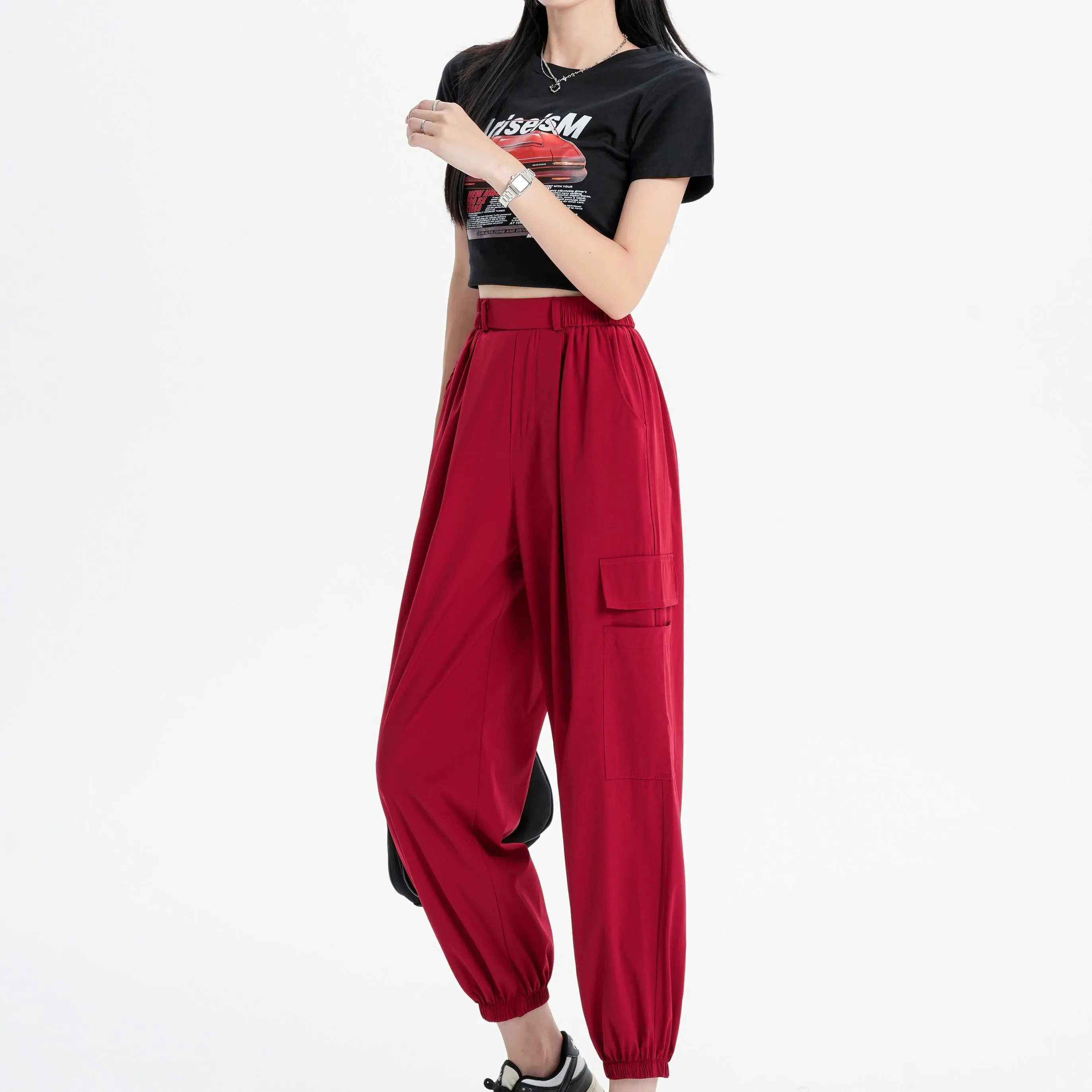 Silky High-Waisted Loose Fit Tapered Sports Thin Casual Quick-Drying Pants