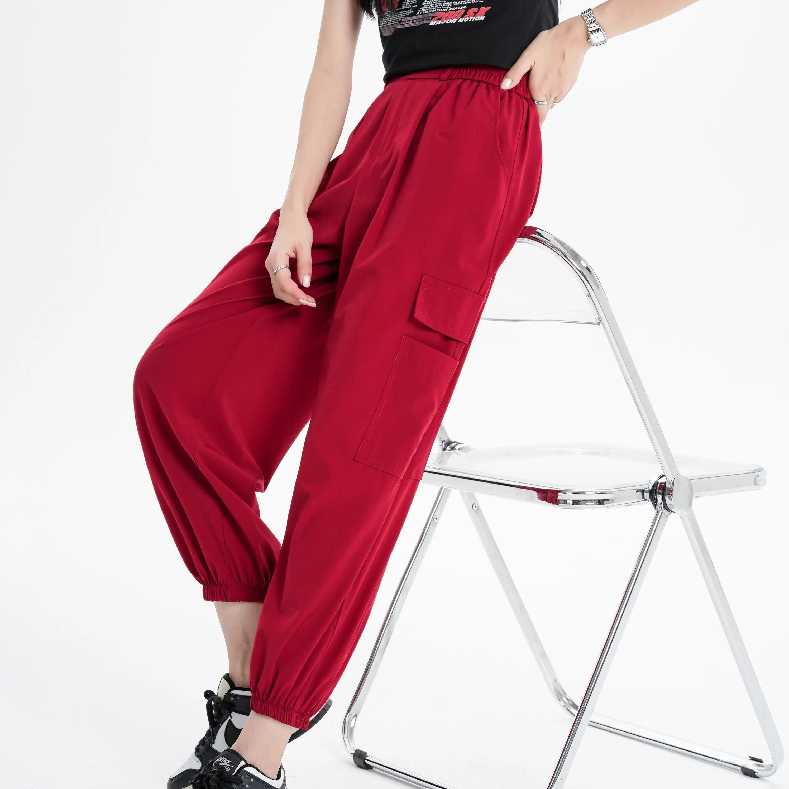 Silky High-Waisted Loose Fit Tapered Sports Thin Casual Quick-Drying Pants