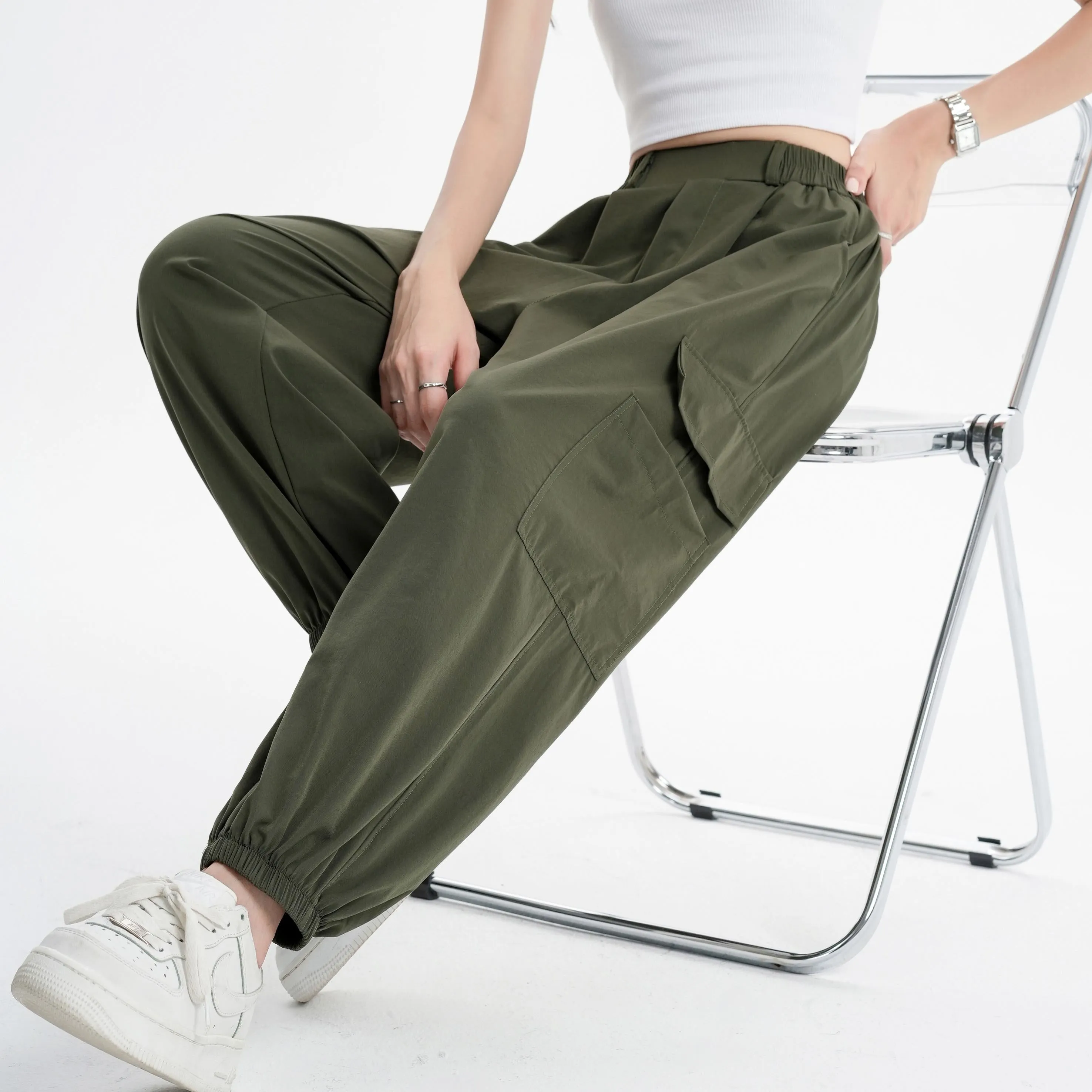 Silky High-Waisted Loose Fit Tapered Sports Thin Casual Quick-Drying Pants