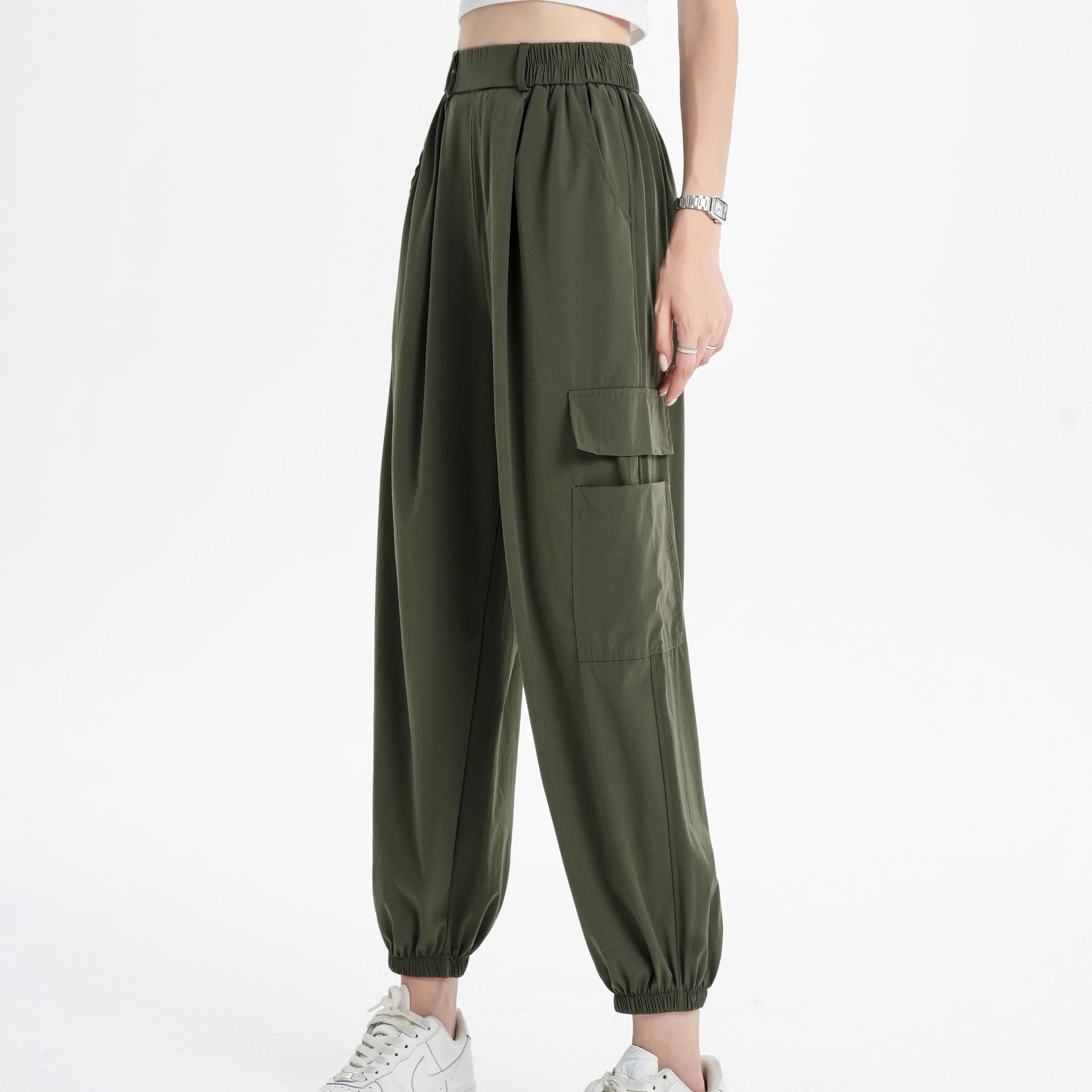 Silky High-Waisted Loose Fit Tapered Sports Thin Casual Quick-Drying Pants