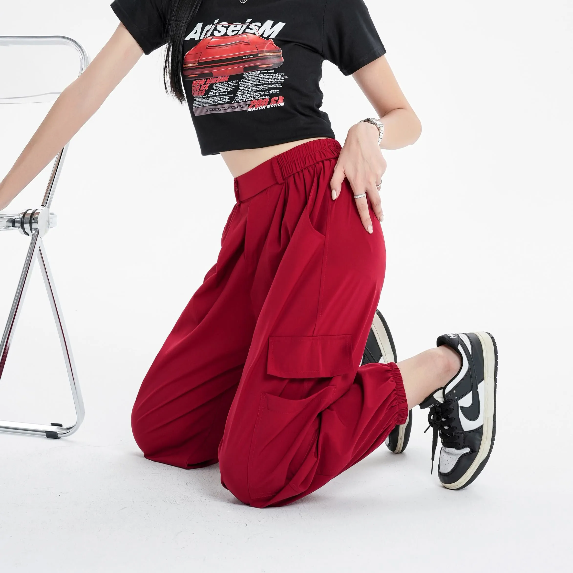 Silky High-Waisted Loose Fit Tapered Sports Thin Casual Quick-Drying Pants