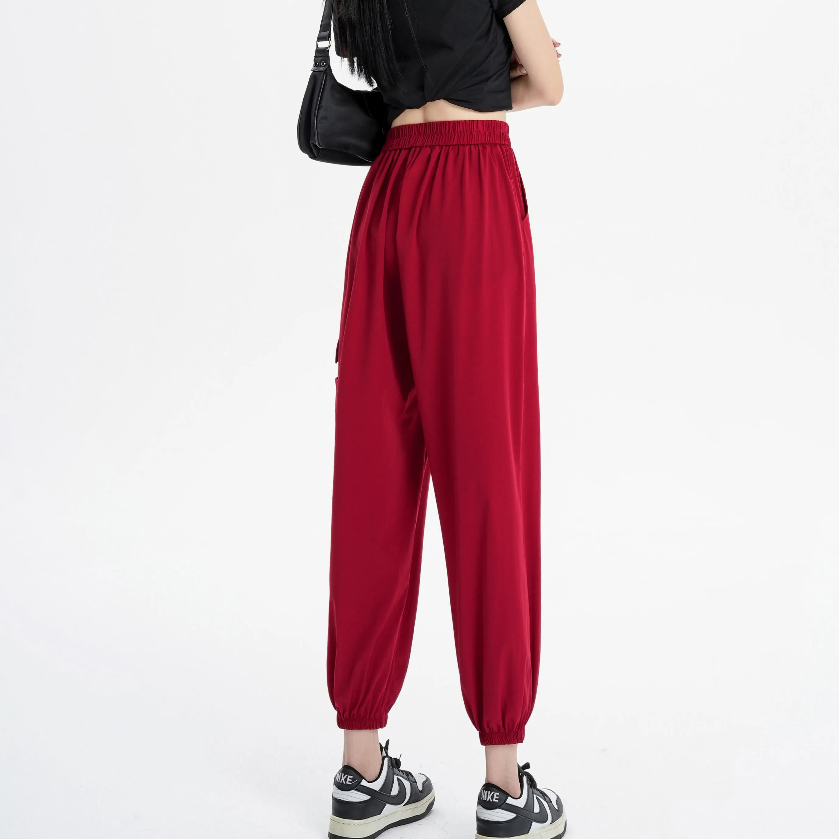 Silky High-Waisted Loose Fit Tapered Sports Thin Casual Quick-Drying Pants