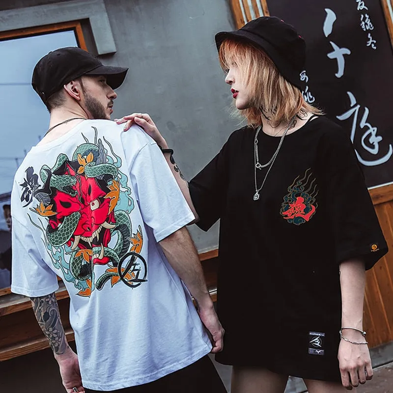 Snake Samurai Mask Printed Hip Hop Streetwear Loose Tees