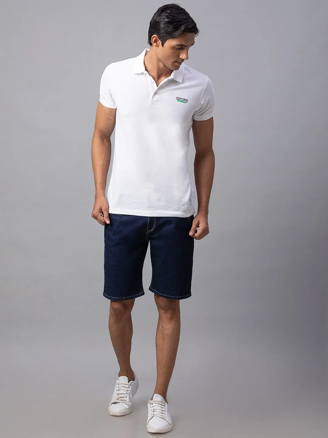 Spykar Men Blue Cotton Slim Fit Denim Shorts