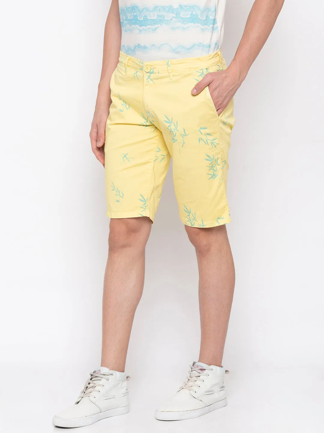 Spykar Men Butter Yellow Cotton Slim Fit Shorts