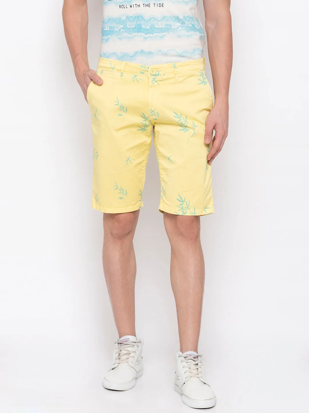 Spykar Men Butter Yellow Cotton Slim Fit Shorts