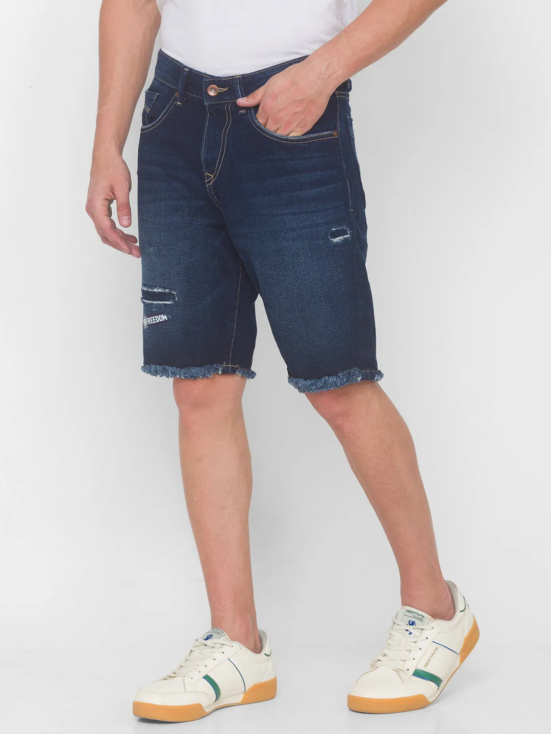 Spykar Men Dark Blue Solid Relaxed Low-Rise Shorts (Denim Shorts)