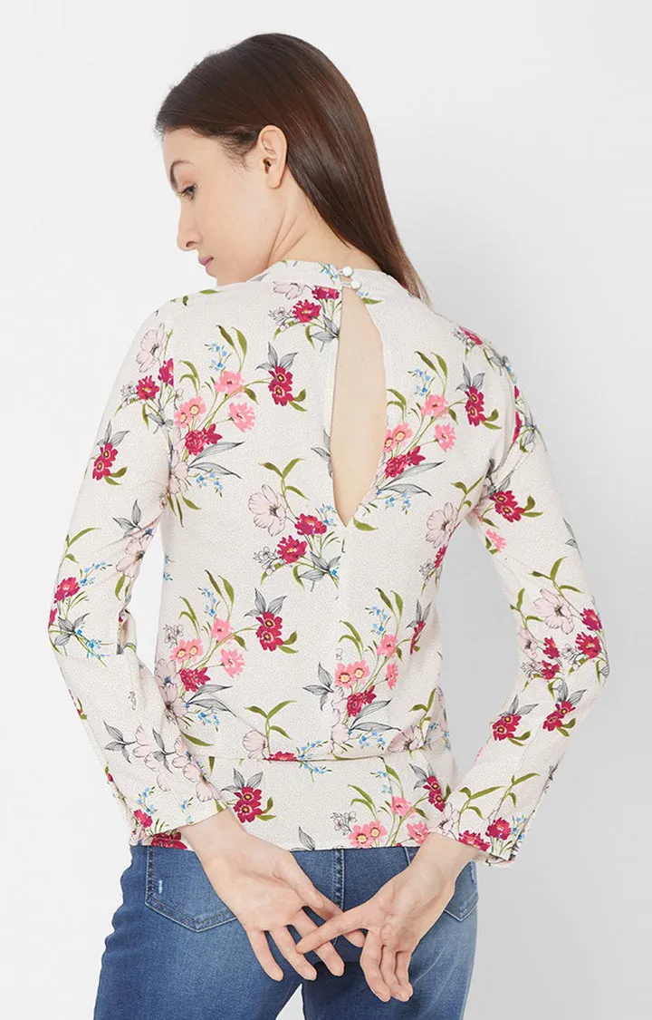 Spykar Women Ecru Rayon Floral Full Sleeve Top