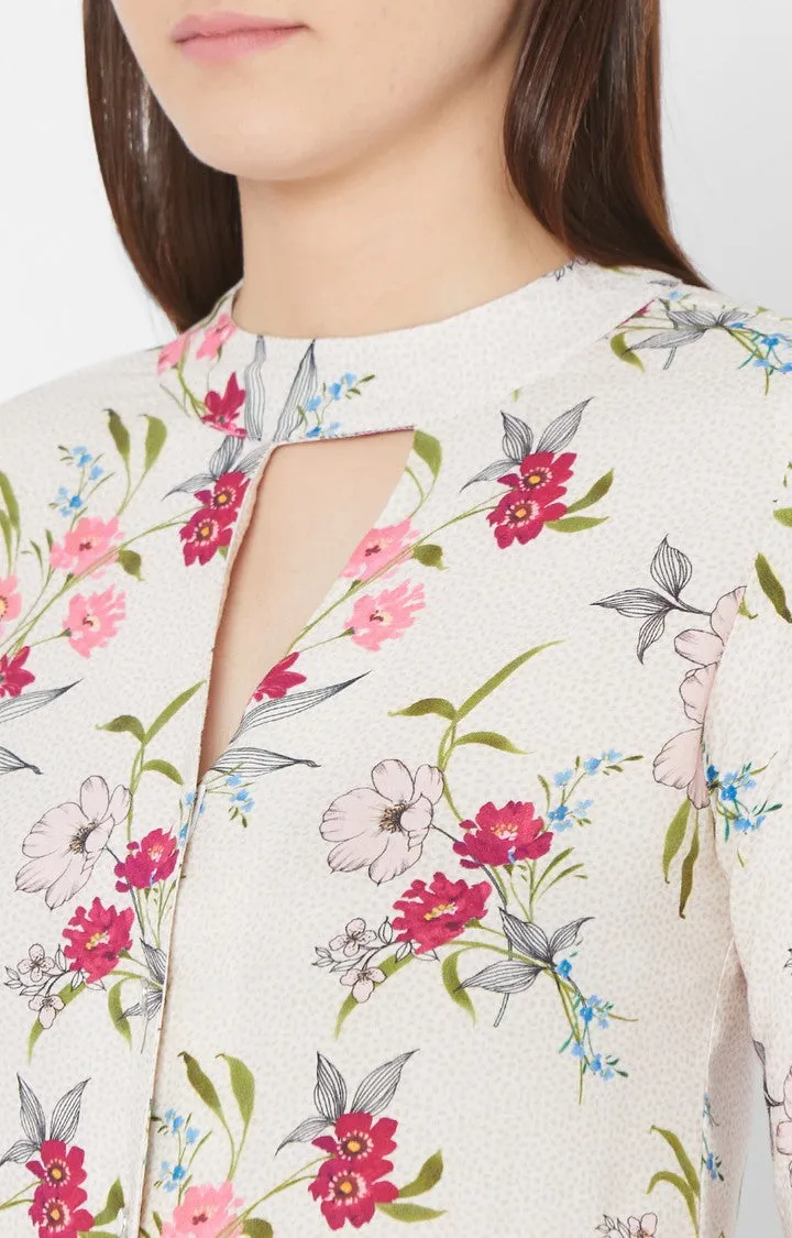 Spykar Women Ecru Rayon Floral Full Sleeve Top