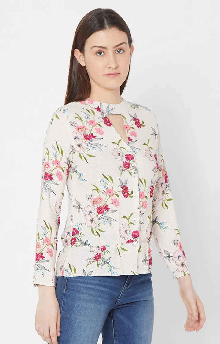Spykar Women Ecru Rayon Floral Full Sleeve Top