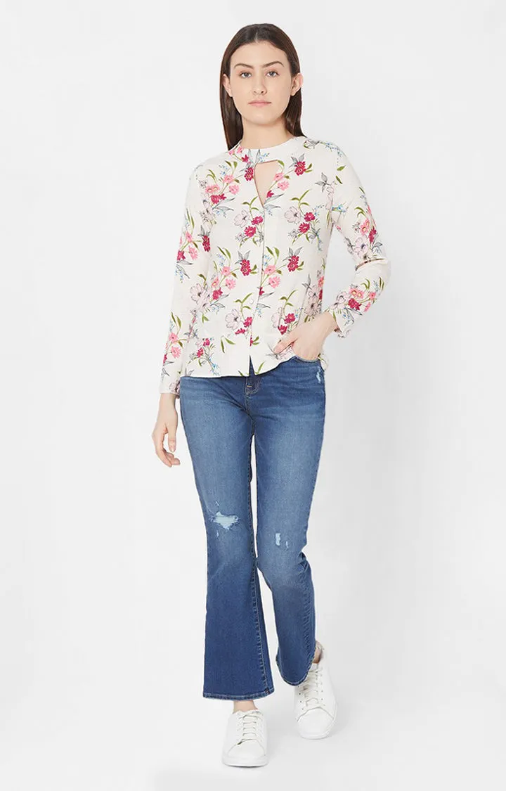Spykar Women Ecru Rayon Floral Full Sleeve Top