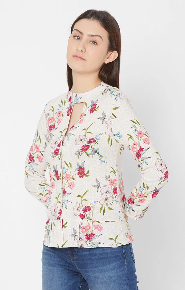 Spykar Women Ecru Rayon Floral Full Sleeve Top