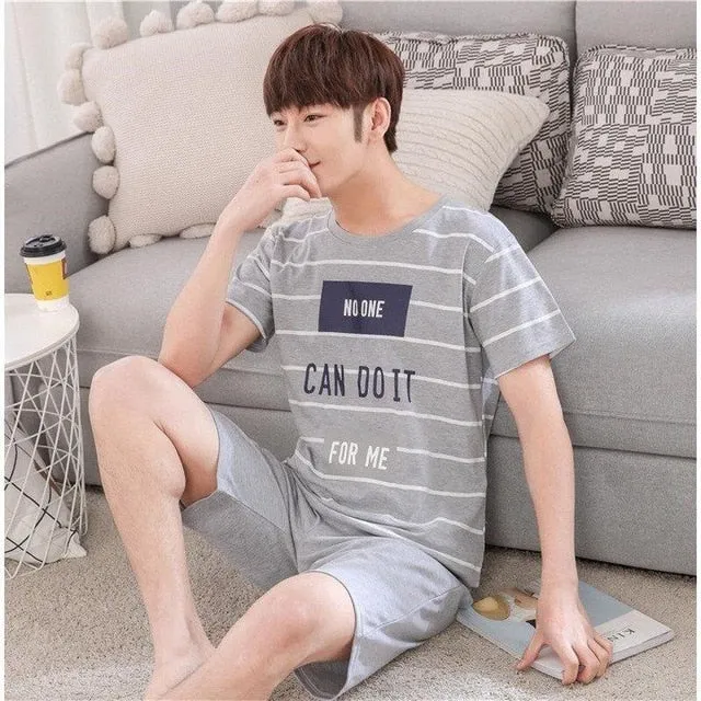 Summer Knitted Cotton Short Sleeved Men's Pajamas