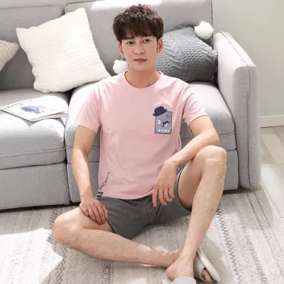 Summer Knitted Cotton Short Sleeved Men's Pajamas