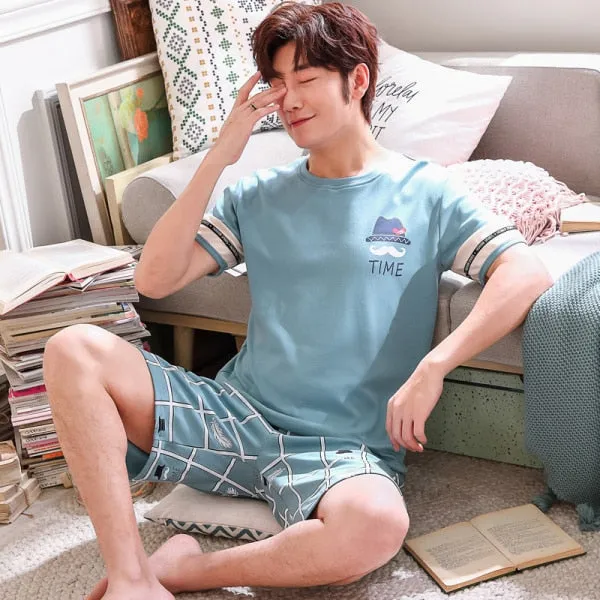 Summer Knitted Cotton Short Sleeved Men's Pajamas