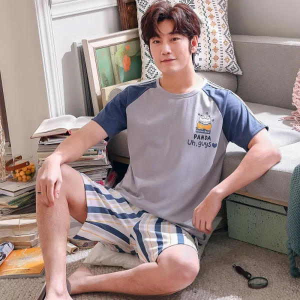 Summer Knitted Cotton Short Sleeved Men's Pajamas