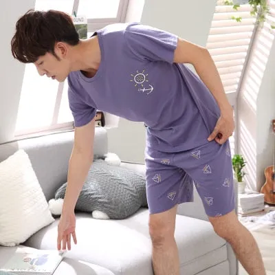 Summer Knitted Cotton Short Sleeved Men's Pajamas