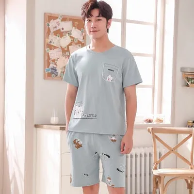 Summer Knitted Cotton Short Sleeved Men's Pajamas