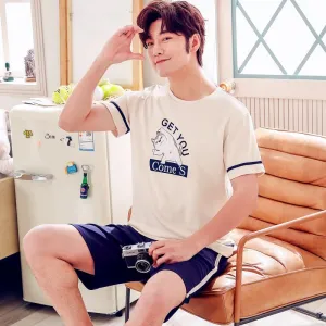 Summer Knitted Cotton Short Sleeved Men's Pajamas