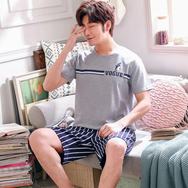 Summer Knitted Cotton Short Sleeved Men's Pajamas