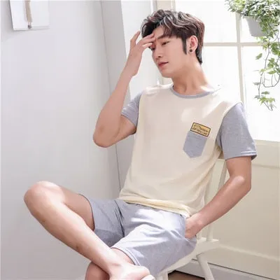 Summer Knitted Cotton Short Sleeved Men's Pajamas