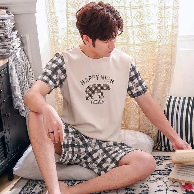 Summer Knitted Cotton Short Sleeved Men's Pajamas