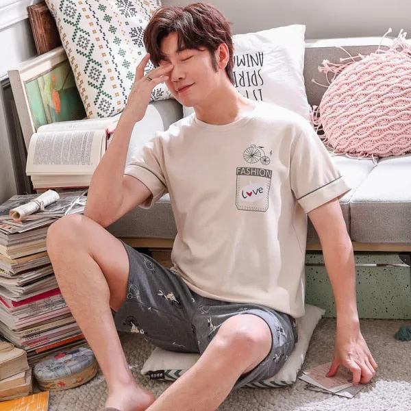 Summer Knitted Cotton Short Sleeved Men's Pajamas
