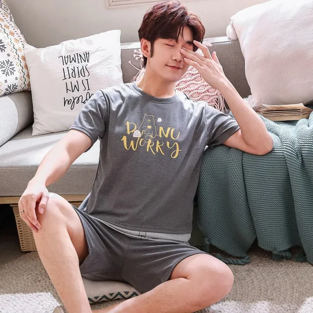 Summer Knitted Cotton Short Sleeved Men's Pajamas