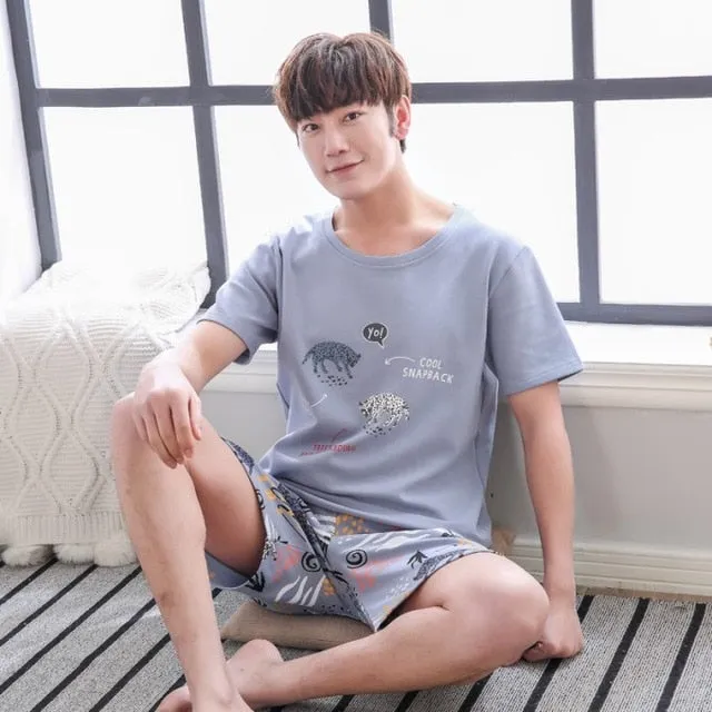 Summer Knitted Cotton Short Sleeved Men's Pajamas