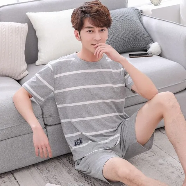 Summer Knitted Cotton Short Sleeved Men's Pajamas