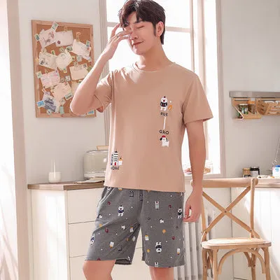 Summer Knitted Cotton Short Sleeved Men's Pajamas