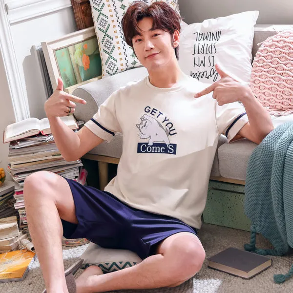 Summer Knitted Cotton Short Sleeved Men's Pajamas