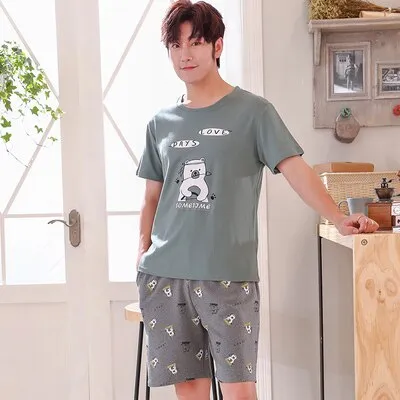 Summer Knitted Cotton Short Sleeved Men's Pajamas