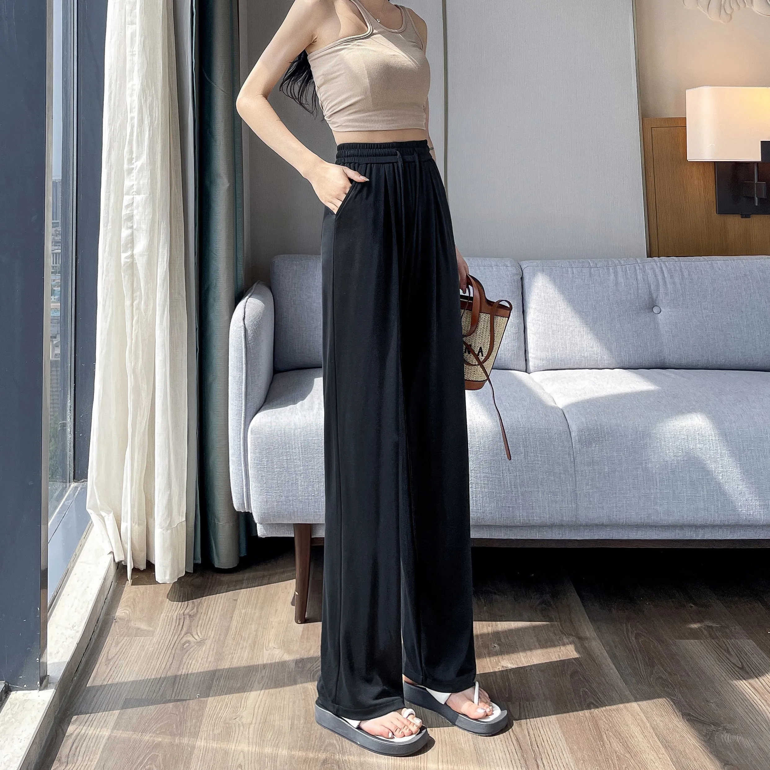 Thin High-Waisted Draping Straight Leg Silky Pants